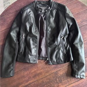 Cavalini Black Faux Leather Moto Jacket with Quilted Shoulders
